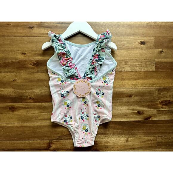 NWT SweetHoney Mary One Piece Swimsuit Regal Roses Floral Pink Green Ruffle  5 - Picture 4 of 6